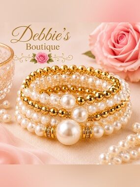 Multiple Available! Faux Pearl & Gold Tone 5 Strand Stretch Bracelet Set